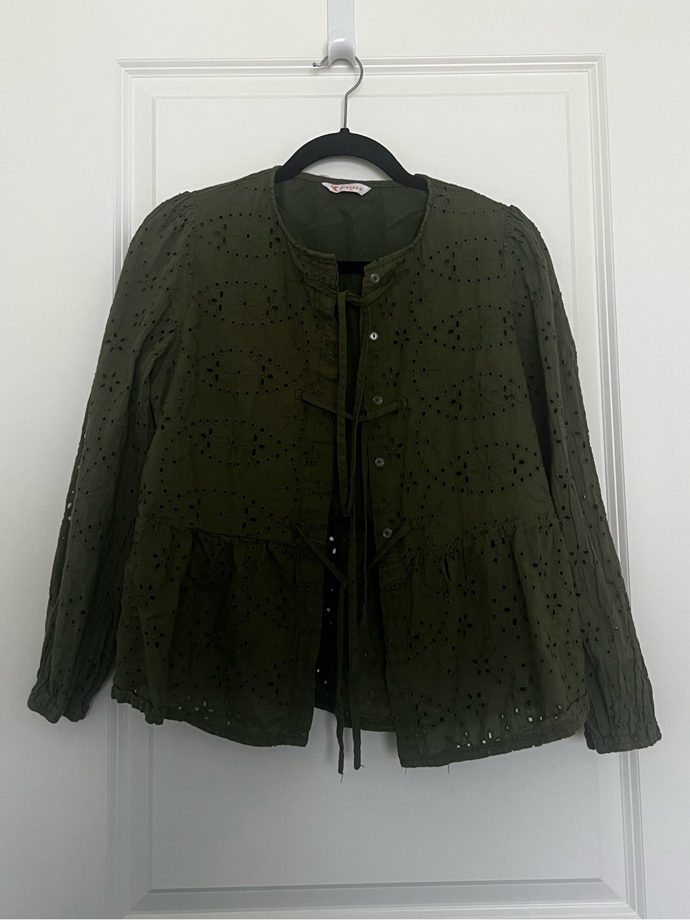 Olive Tie Front Top Eyelet Blouse size medium